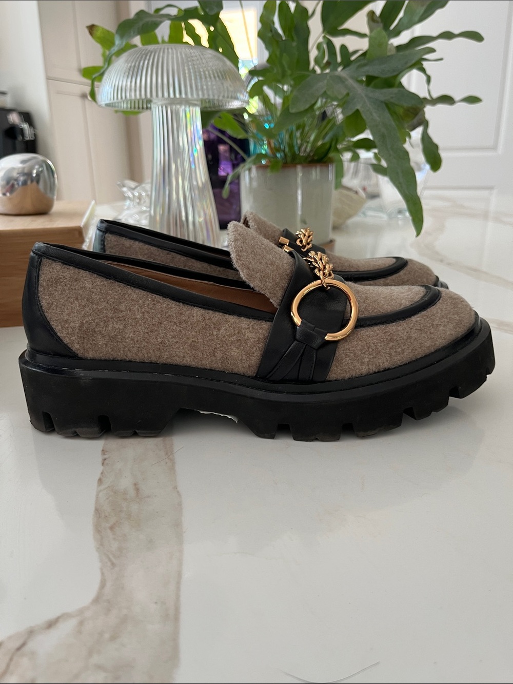 La Canadienne Wool Felt & Leather Platform Loafers with Gold Accent - Brown/Fawn